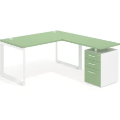 Mesa de escritorio en L con cajones Delta, estructura blanca, ala pedestal melamina