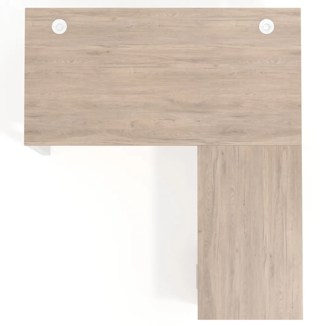 Mesa de escritorio en L con cajones Delta, estructura blanca, ala pedestal melamina