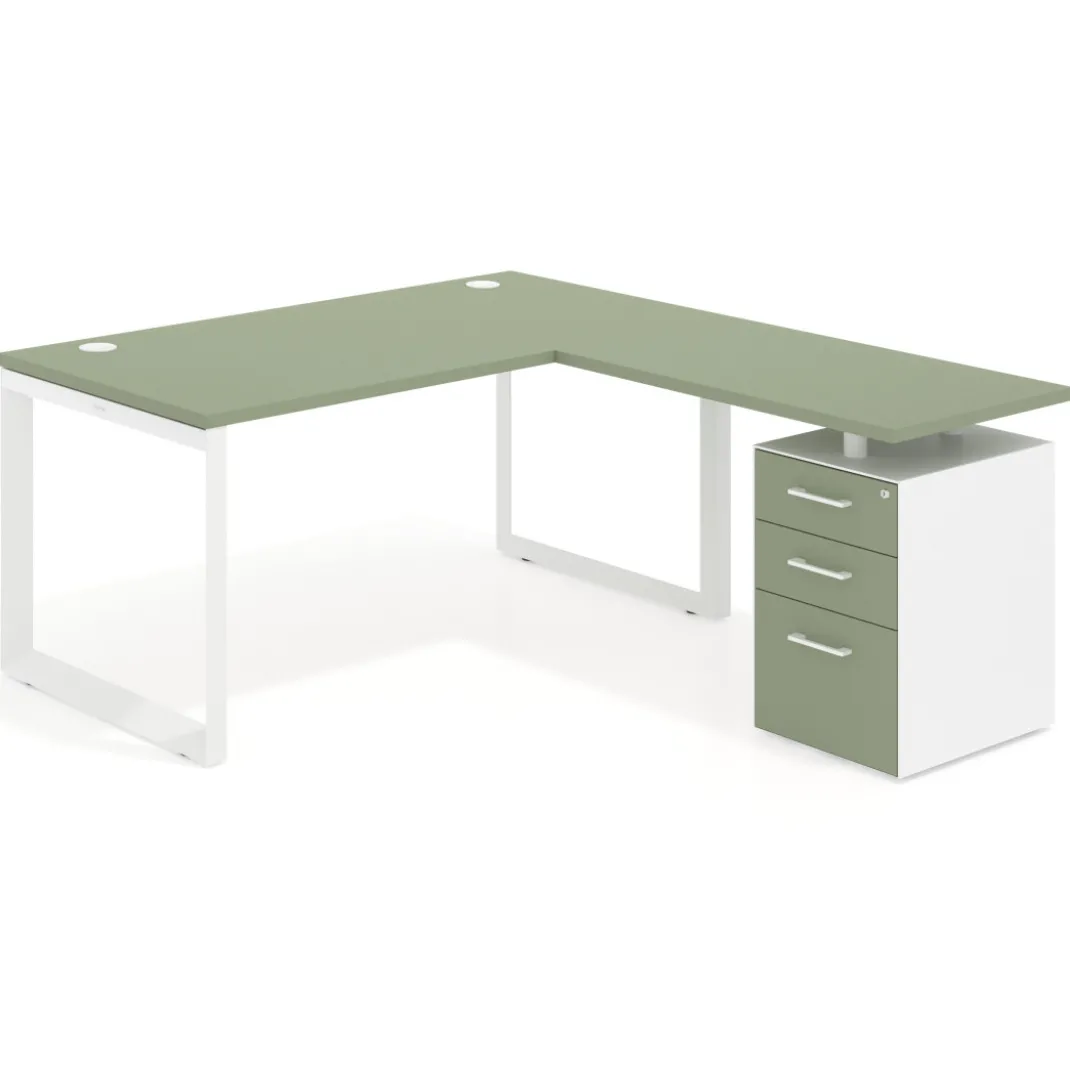 Mesa de escritorio en L con cajones Delta, estructura blanca, ala pedestal melamina