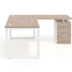 Mesa de escritorio en L con cajones Delta, estructura blanca, ala pedestal melamina