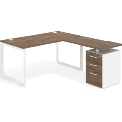 Mesa de escritorio en L con cajones Delta, estructura blanca, ala pedestal melamina