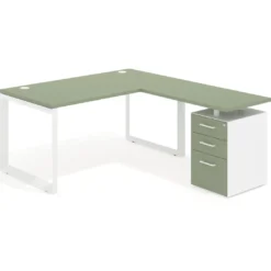 Mesa de escritorio en L con cajones Delta, estructura blanca, ala pedestal melamina