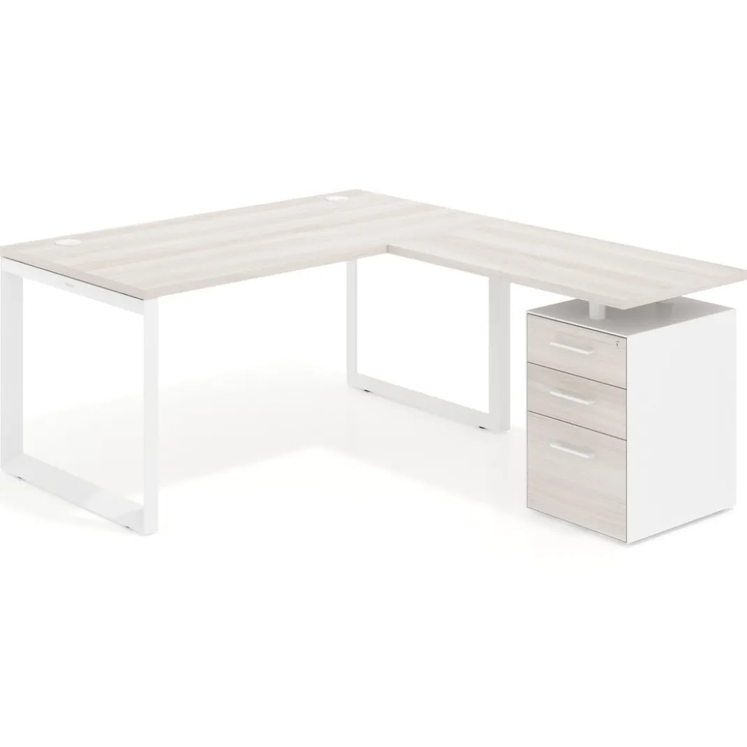 Mesa de escritorio en L con cajones Delta, estructura blanca, ala pedestal melamina