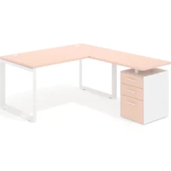 Mesa de escritorio en L con cajones Delta, estructura blanca, ala pedestal melamina