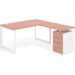 Mesa de escritorio en L con cajones Delta, estructura blanca, ala pedestal melamina