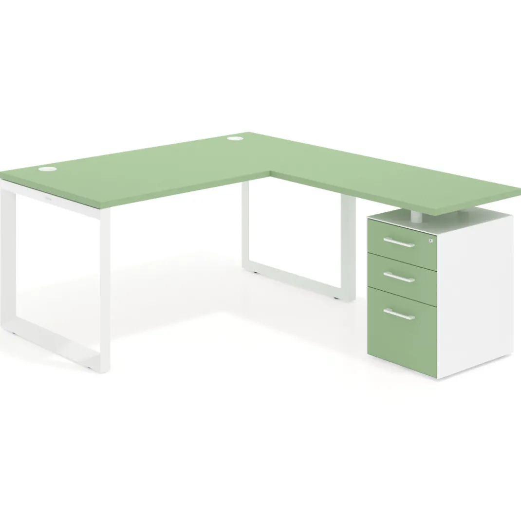 Mesa de escritorio en L con cajones Delta, estructura blanca, ala pedestal melamina