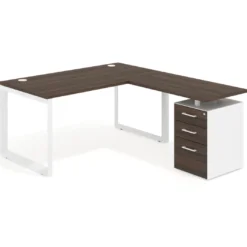 Mesa de escritorio en L con cajones Delta, estructura blanca, ala pedestal melamina