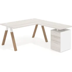 Mesa de escritorio en L con cajones UvePro, estructura blanca/madera, ala pedestal melamina