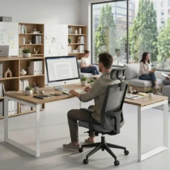 Mesa de escritorio en L Delta, fondo 80cm, estructura blanca