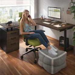 Mesa de Escritorio en L Tdesk, fondo 80cm, estructura negra, pedestal melamina