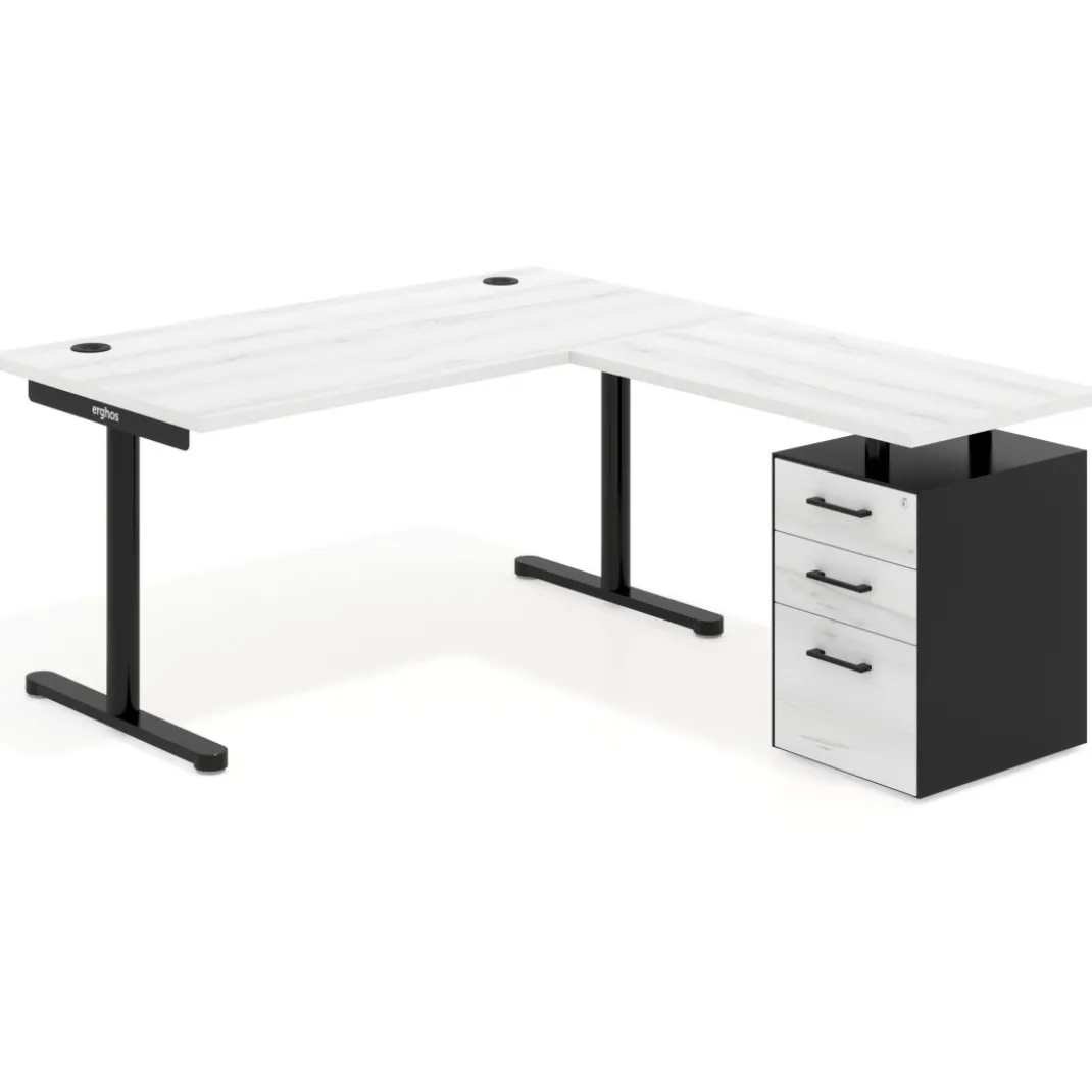 Mesa de Escritorio en L Tdesk, fondo 80cm, estructura negra, pedestal melamina