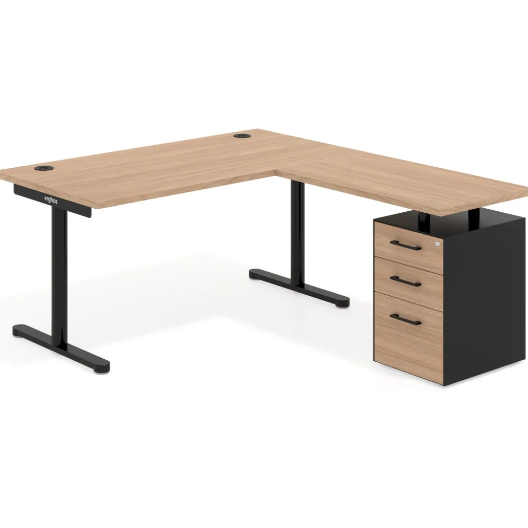 Mesa de Escritorio en L Tdesk, fondo 80cm, estructura negra, pedestal melamina