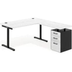 Mesa de Escritorio en L Tdesk, fondo 80cm, estructura negra, pedestal melamina