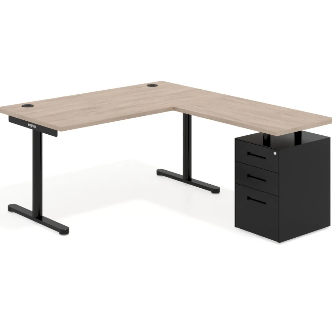 Mesa de Escritorio en L Tdesk, fondo 80cm, estructura negra, pedestal metal