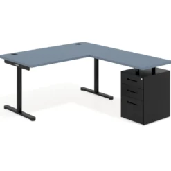 Mesa de Escritorio en L Tdesk, fondo 80cm, estructura negra, pedestal metal