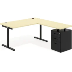 Mesa de Escritorio en L Tdesk, fondo 80cm, estructura negra, pedestal metal