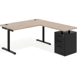Mesa de Escritorio en L Tdesk, fondo 80cm, estructura negra, pedestal metal