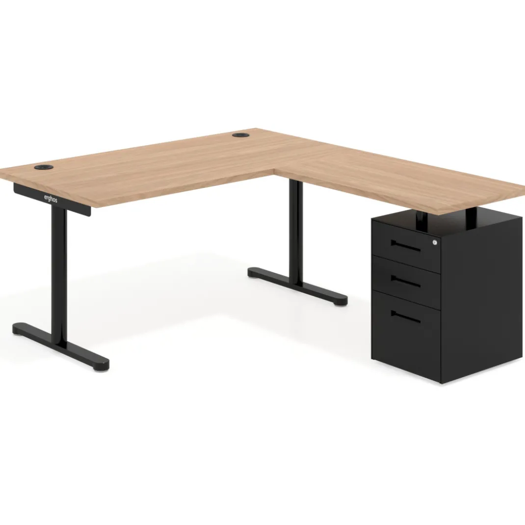 Mesa de Escritorio en L Tdesk, fondo 80cm, estructura negra, pedestal metal