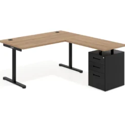 Mesa de Escritorio en L Tdesk, fondo 80cm, estructura negra, pedestal metal