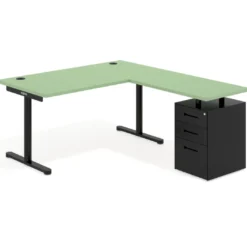 Mesa de Escritorio en L Tdesk, fondo 80cm, estructura negra, pedestal metal