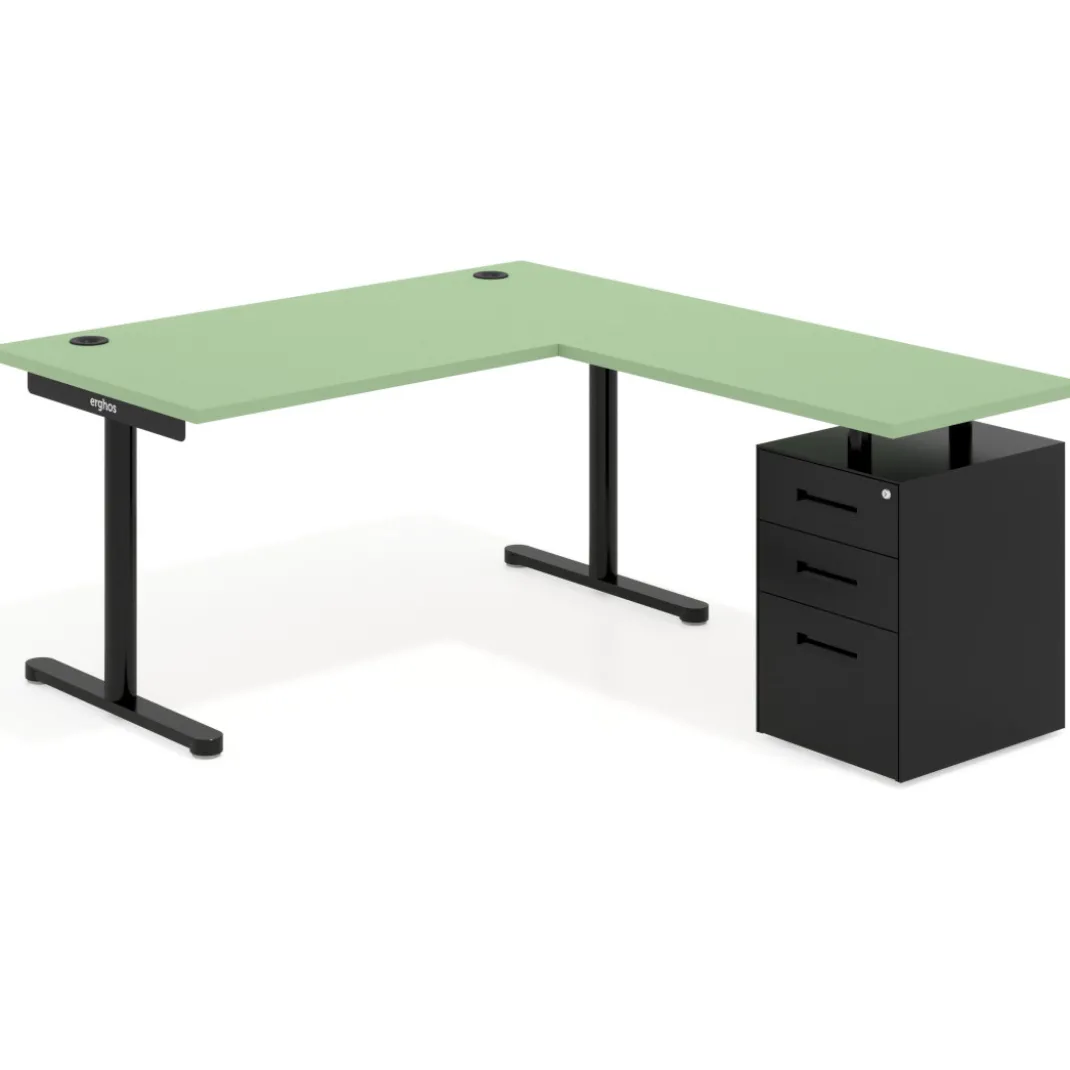 Mesa de Escritorio en L Tdesk, fondo 80cm, estructura negra, pedestal metal