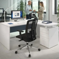 Mesa de Oficina con cajones Work Plus fondo 80, ala corta, frontales de metal estructura blanco mate
