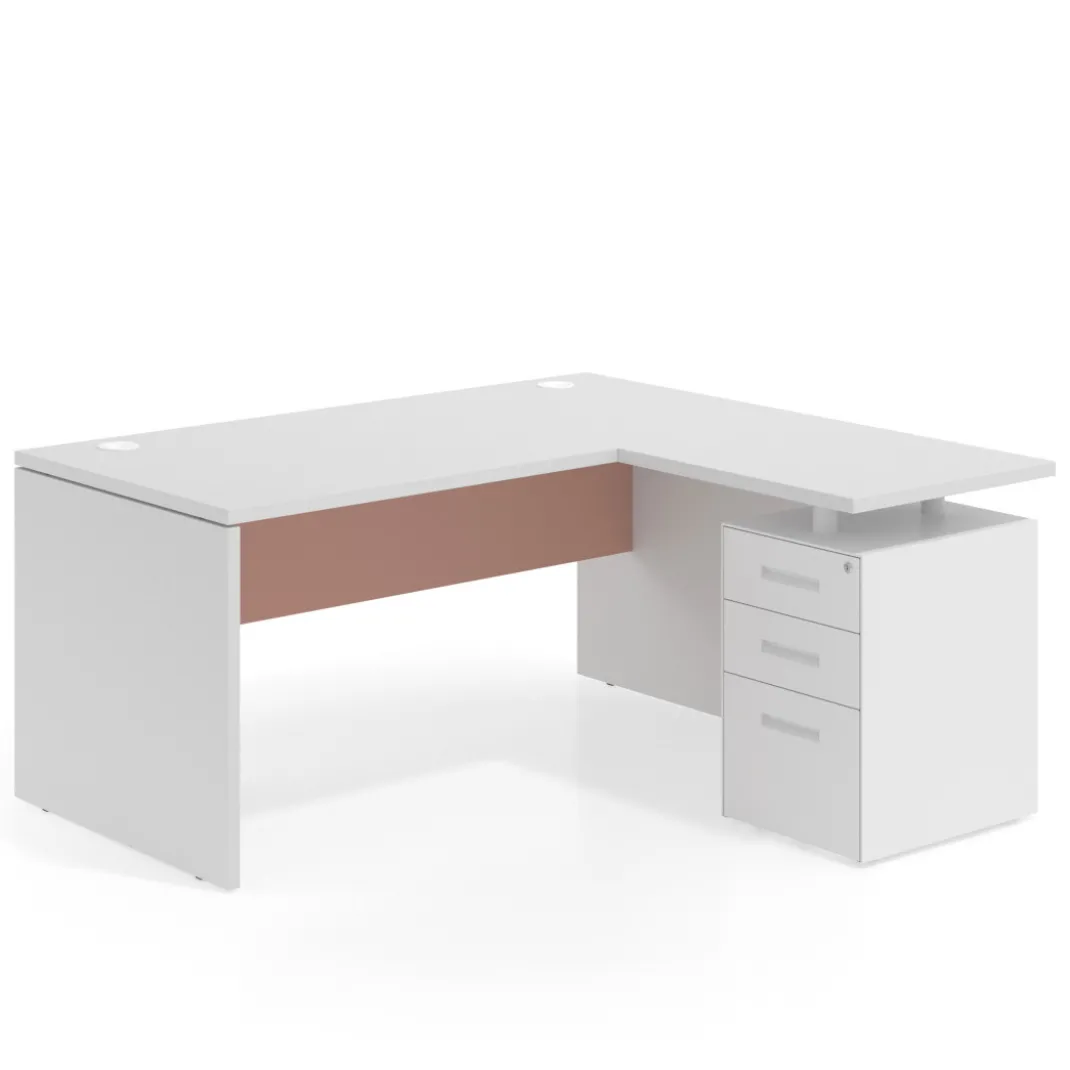 Mesa de Oficina con cajones Work Plus fondo 80, ala corta, frontales de metal estructura blanco mate