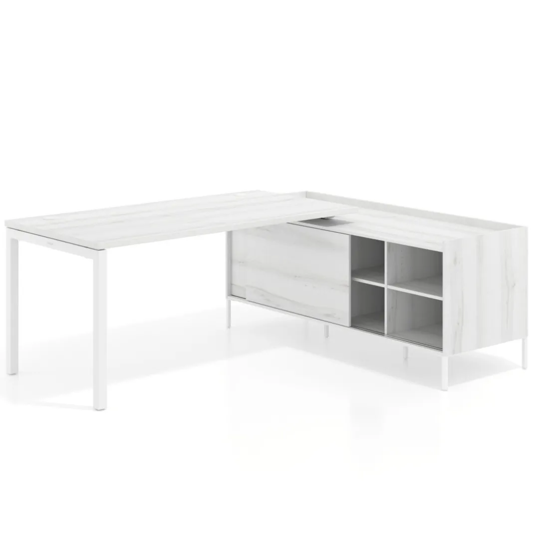 Mesa de oficina con pedestal estantes Kube fondo 80cm estructura blanca