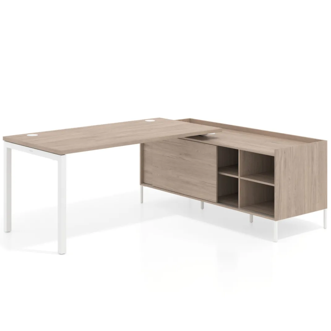 Mesa de oficina con pedestal estantes Kube fondo 80cm estructura blanca