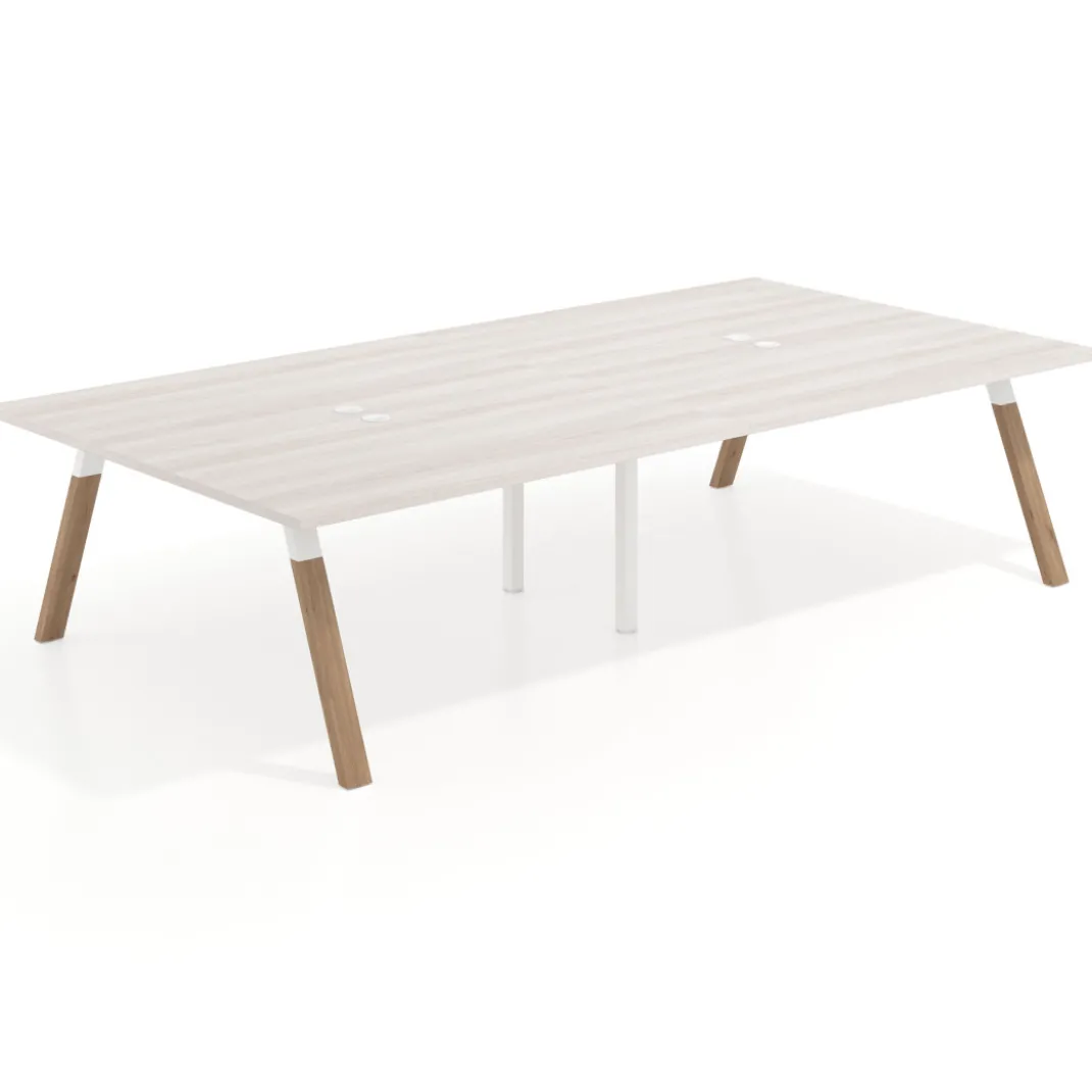 Mesa de oficina coworking doble UvePro fondo 166, cantos rectos, estructura blanca/madera