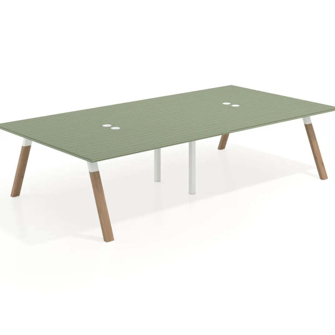 Mesa de oficina coworking doble UvePro fondo 166, cantos rectos, estructura blanca/madera
