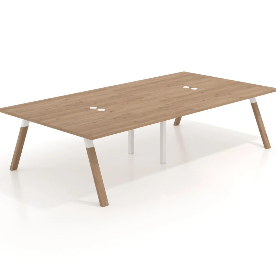 Mesa de oficina coworking doble UvePro fondo 166, cantos rectos, estructura blanca/madera