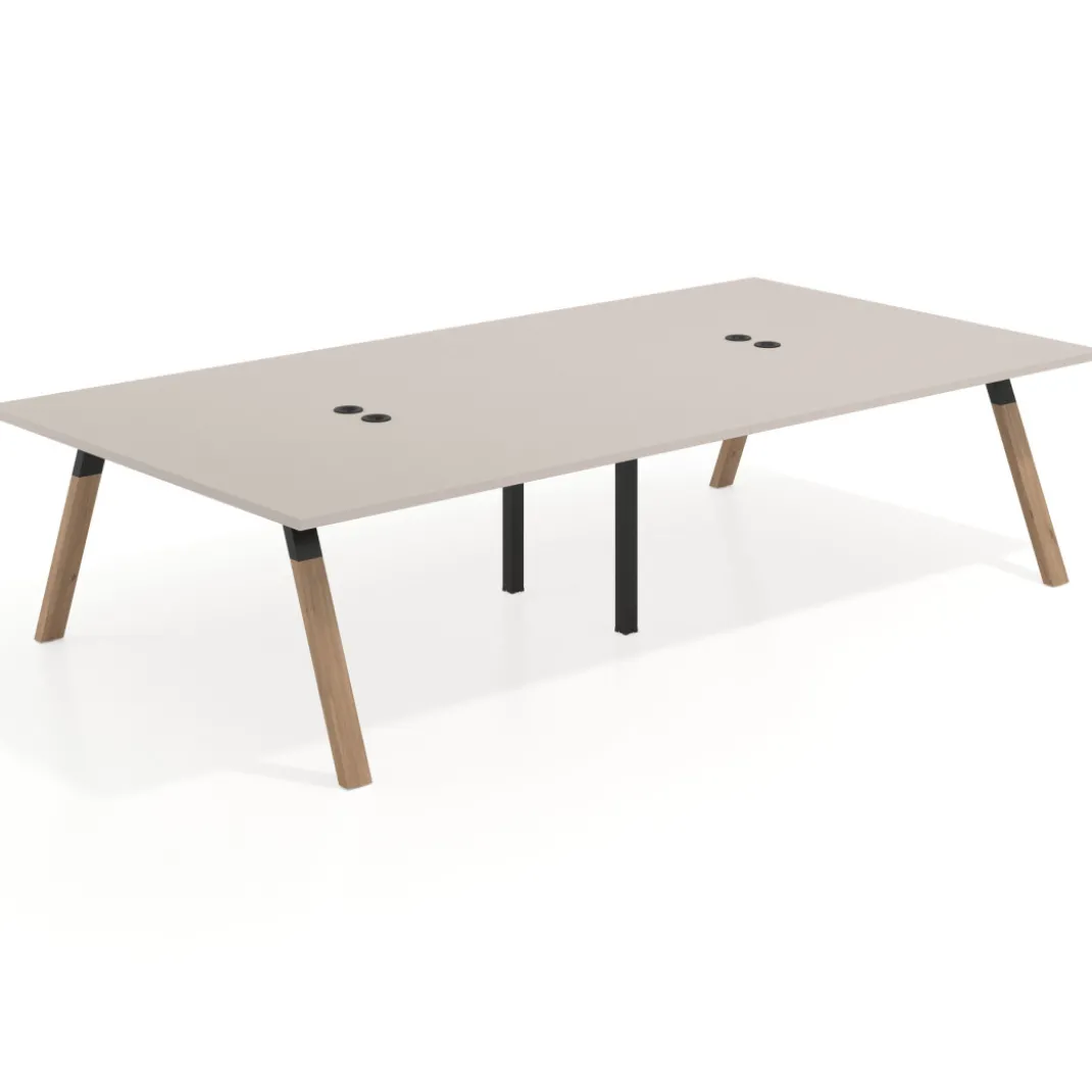 Mesa de oficina coworking doble UvePro fondo 166, cantos rectos, estructura negra/madera