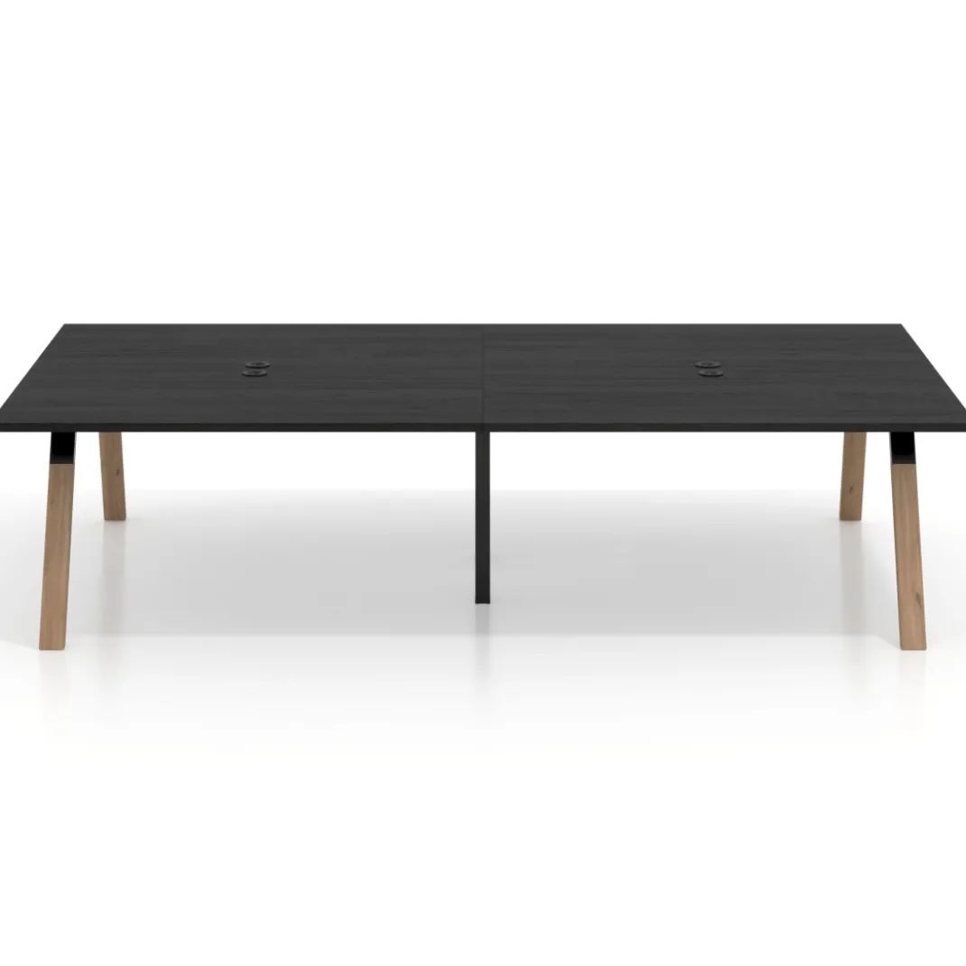 Mesa de oficina coworking doble UvePro fondo 166, cantos rectos, estructura negra/madera