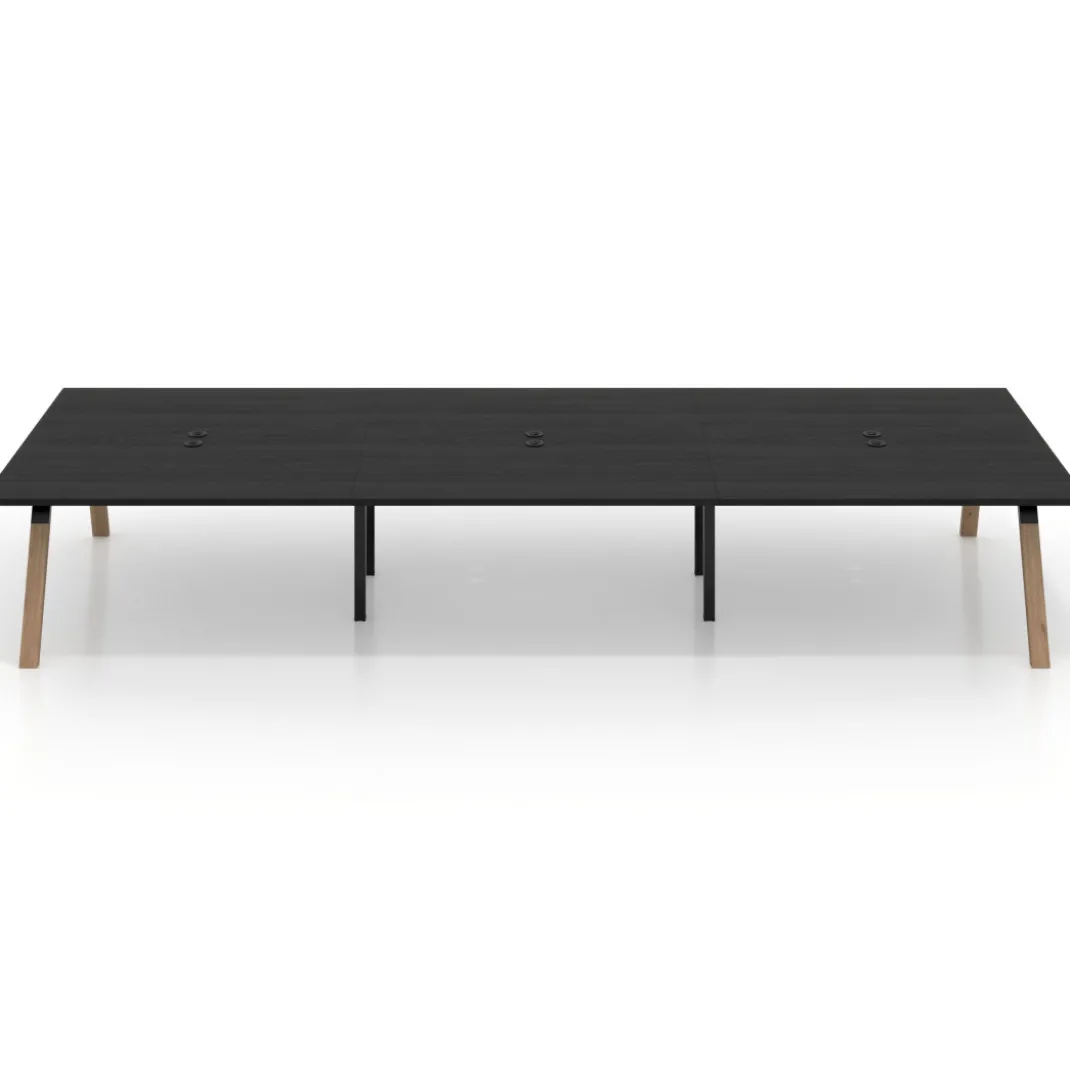 Mesa de oficina coworking triple UvePro fondo 166, cantos rectos, estructura negra/madera