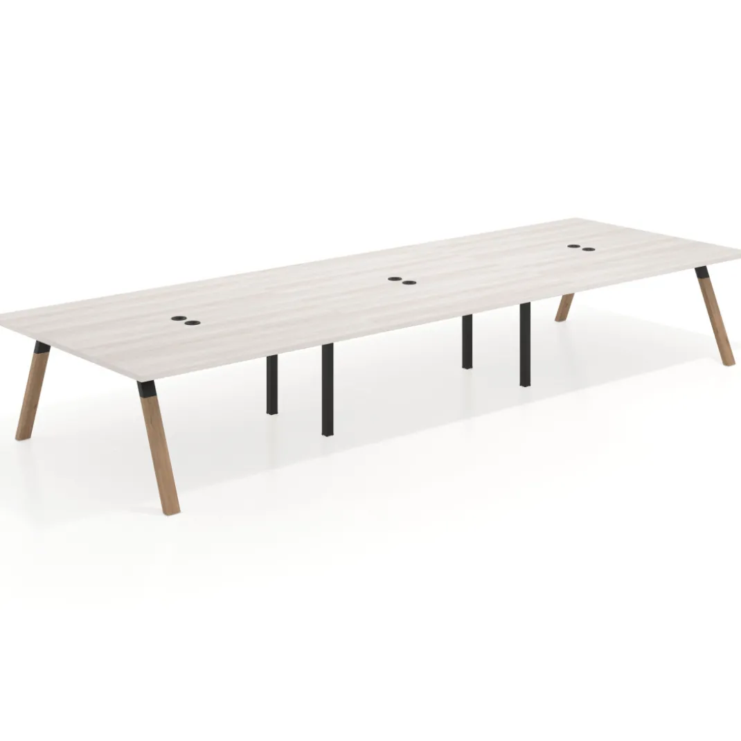 Mesa de oficina coworking triple UvePro fondo 166, cantos rectos, estructura negra/madera