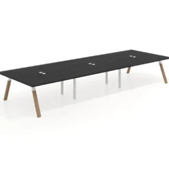 Mesa de oficina coworking triple UvePro fondo 166, cantos rectos, estructura blanca/madera