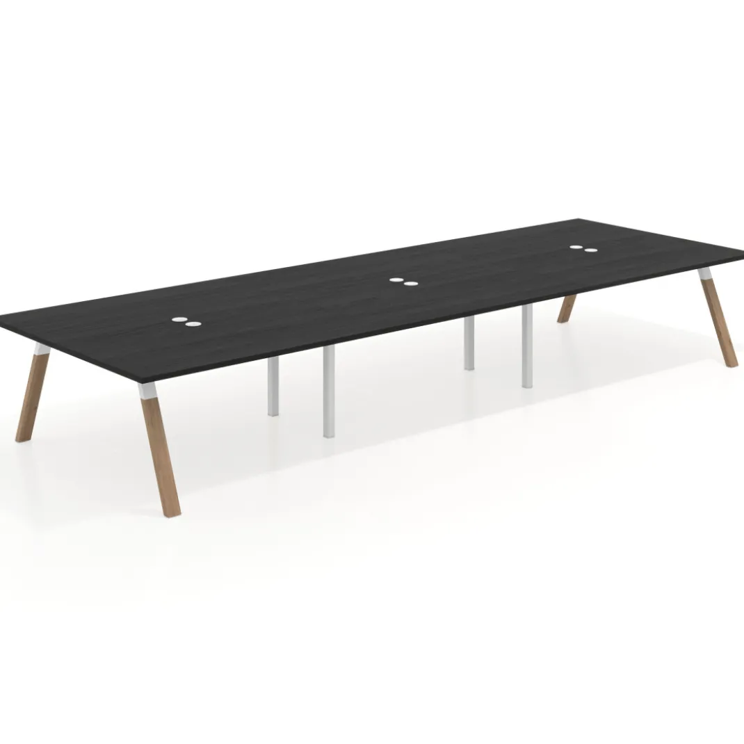 Mesa de oficina coworking triple UvePro fondo 166, cantos rectos, estructura blanca/madera