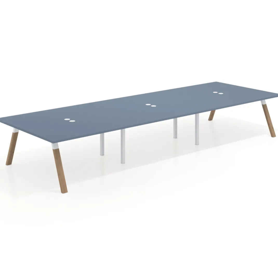 Mesa de oficina coworking triple UvePro fondo 166, cantos rectos, estructura blanca/madera