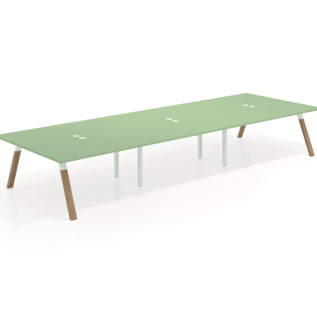 Mesa de oficina coworking triple UvePro fondo 166, cantos rectos, estructura blanca/madera