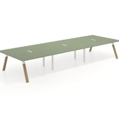 Mesa de oficina coworking triple UvePro fondo 166, cantos rectos, estructura blanca/madera