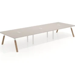 Mesa de oficina coworking triple UvePro fondo 166, cantos rectos, estructura blanca/madera