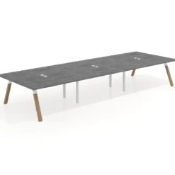 Mesa de oficina coworking triple UvePro fondo 166, cantos rectos, estructura blanca/madera
