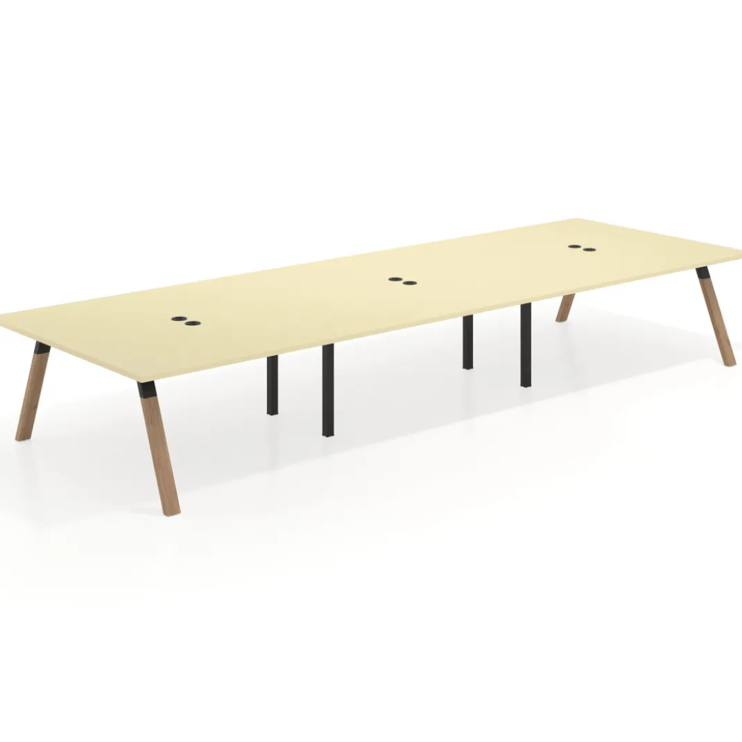 Mesa de oficina coworking triple UvePro fondo 166, cantos rectos, estructura negra/madera