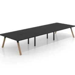 Mesa de oficina coworking triple UvePro fondo 166, cantos rectos, estructura negra/madera