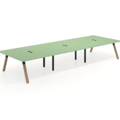 Mesa de oficina coworking triple UvePro fondo 166, cantos rectos, estructura negra/madera