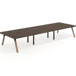 Mesa de oficina coworking triple UvePro fondo 166, cantos rectos, estructura negra/madera