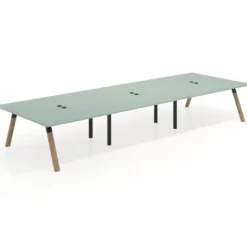 Mesa de oficina coworking triple UvePro fondo 166, cantos rectos, estructura negra/madera