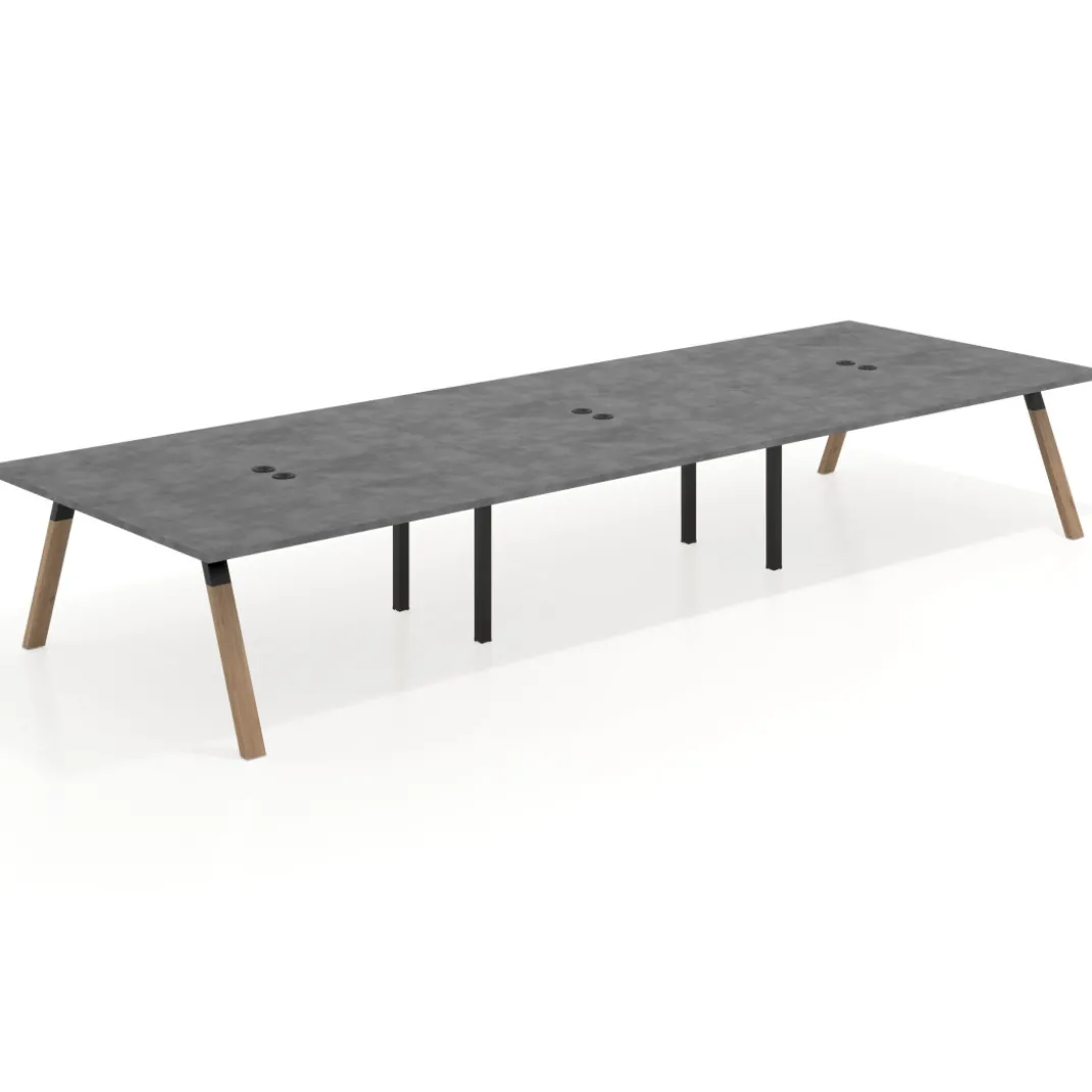 Mesa de oficina coworking triple UvePro fondo 166, cantos rectos, estructura negra/madera