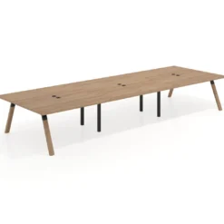 Mesa de oficina coworking triple UvePro fondo 166, cantos rectos, estructura negra/madera